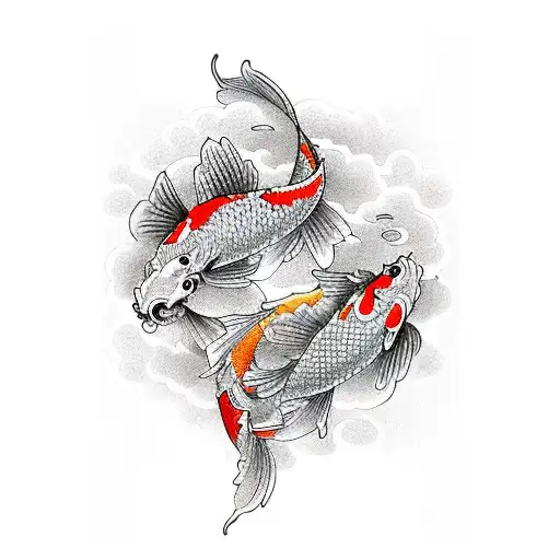 Two Koi Fish With Dragon And Cherry Blossums