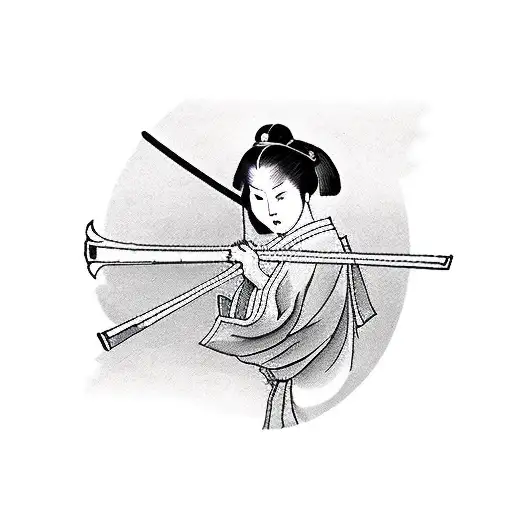 Geisha With Long Black Hair Holding A Katana