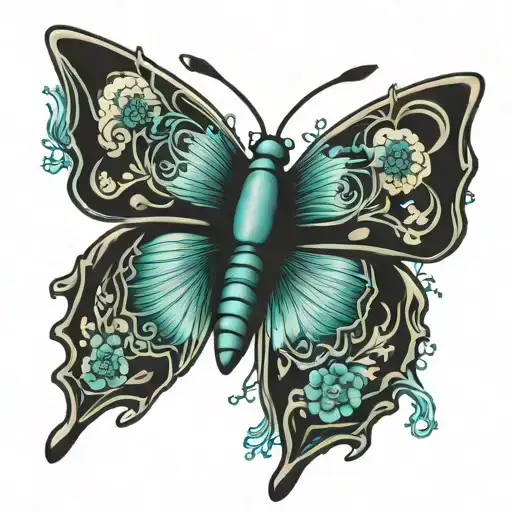 Aqua Butterfly With Bandage Wrapped Around Its Wing Spread