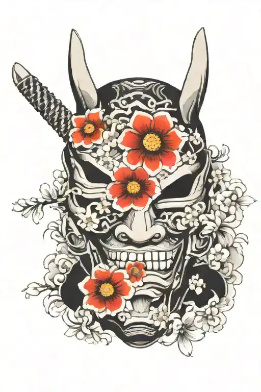 Black And Gray Samurai Mask With Flowers