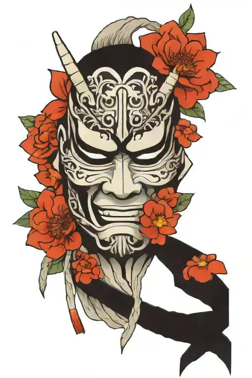 Black And Gray Samurai Mask With Flowers