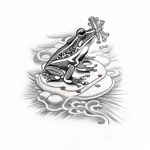 A Traditional Tattoo Of A Frog Sitting On A Mushroom Playing The Guitar