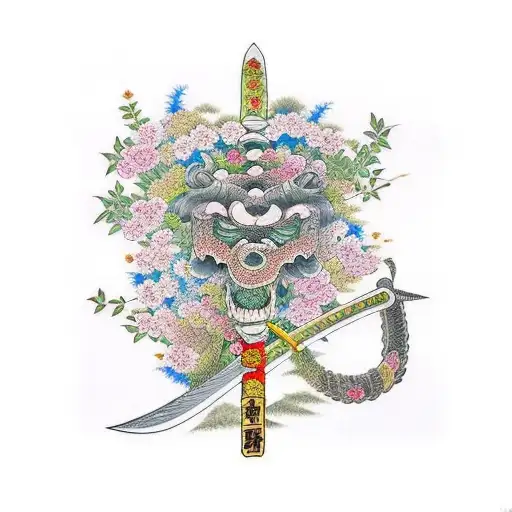 Long Sword Stuck In Garden Of Flowers