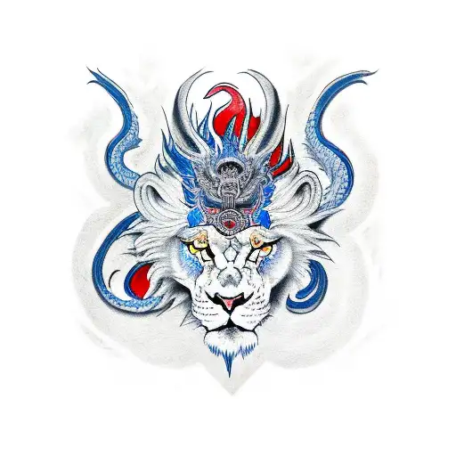 White Lion-dragon With Blue Eyes And Black Raven With Red Eyes Fighting Each Other
