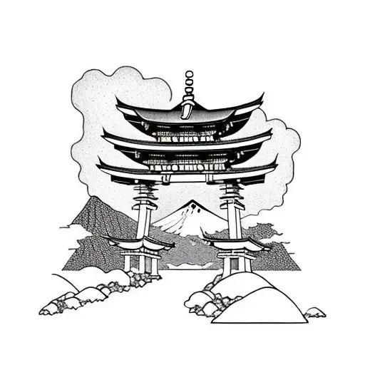 Torii Gate With Mount Fuji Background Black And White