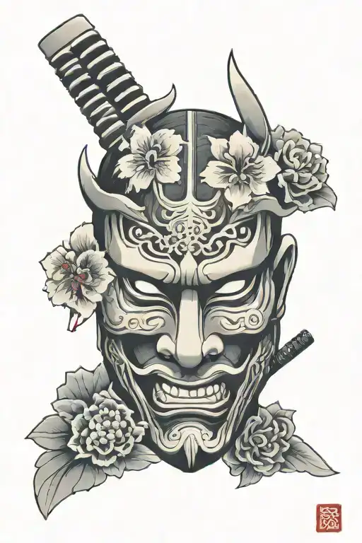 Black And Gray Samurai Mask With Flowers