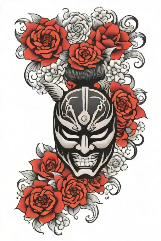 Black And Gray Samurai Mask With Flowers