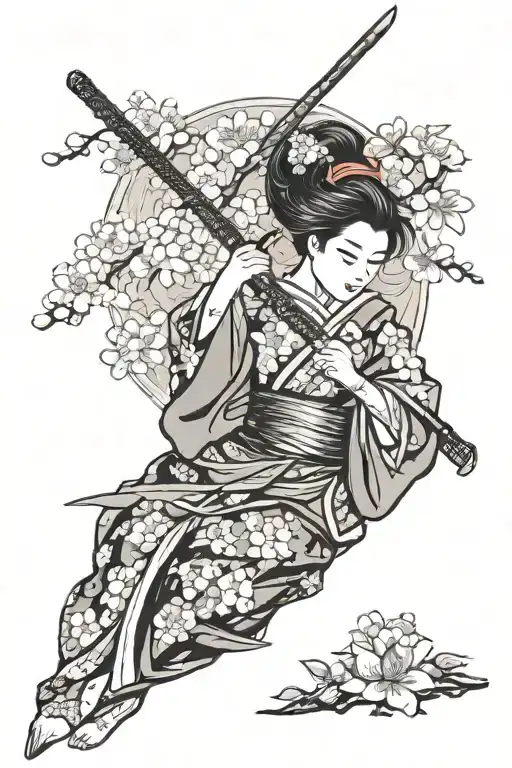 Geisha With A Sword On A Background Of Sakura