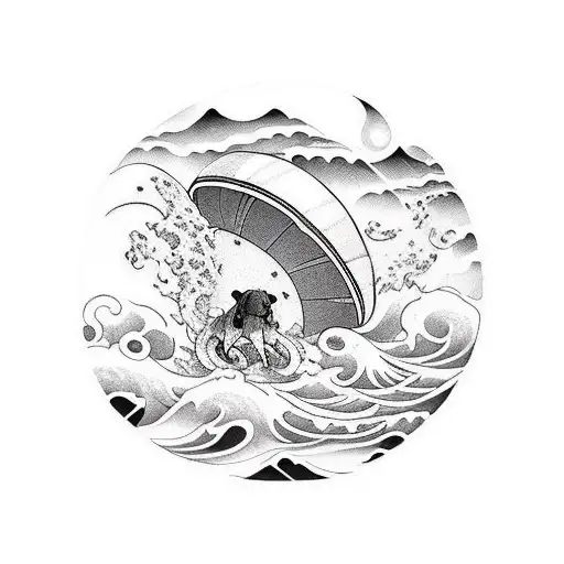 A Beach Scene With Dogs Playing In The Waves And A Ufo Hovering Above