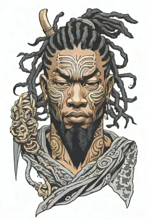 Black Man With Locs Samurai Mask Split In Half Sleeve