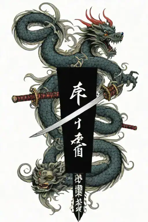 Chinese Dragon Wrapping Around Sword Surrounded
