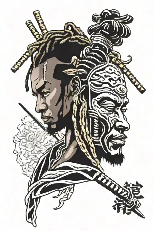 Black Man With Locs Samurai Mask Split In Half Sleeve