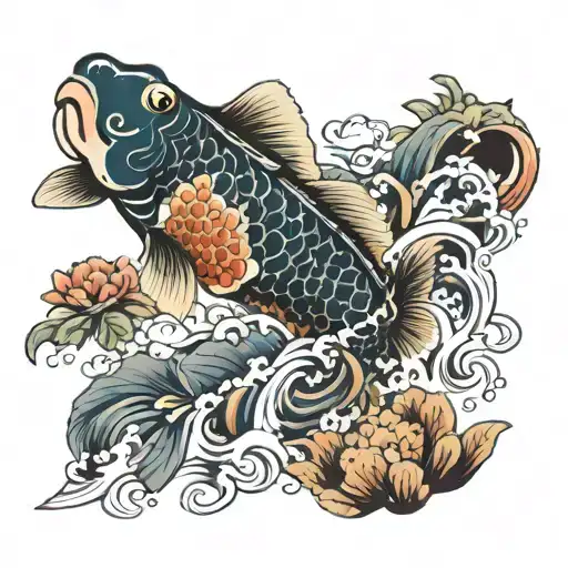 Koi Fish Swimming Upstream Lotis With Toads