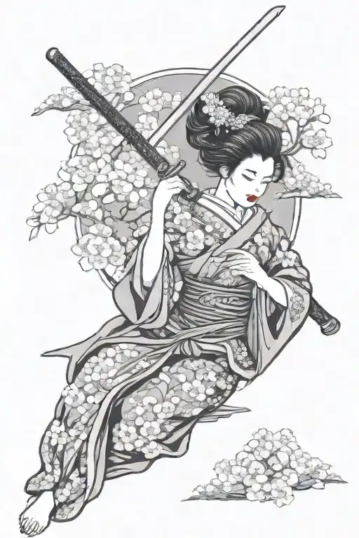 Geisha With A Sword On A Background Of Sakura Tree