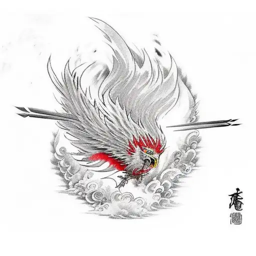 A Red Phoenix Who Risis Fron Ashes On A Burning Ancient Battlefield Mits Arrows And Swords