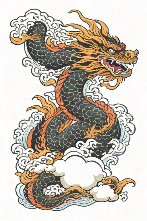 Japanese Dragon Around Waves And Clouds Surrounding