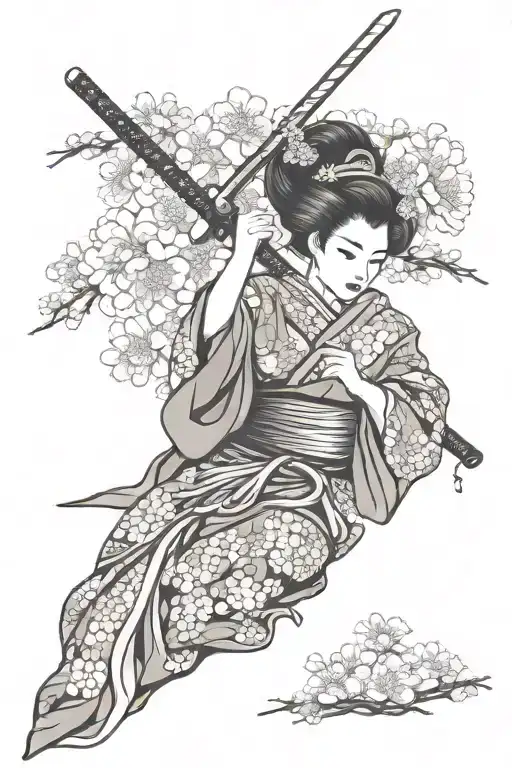 Geisha With A Sword On A Background Of Sakura