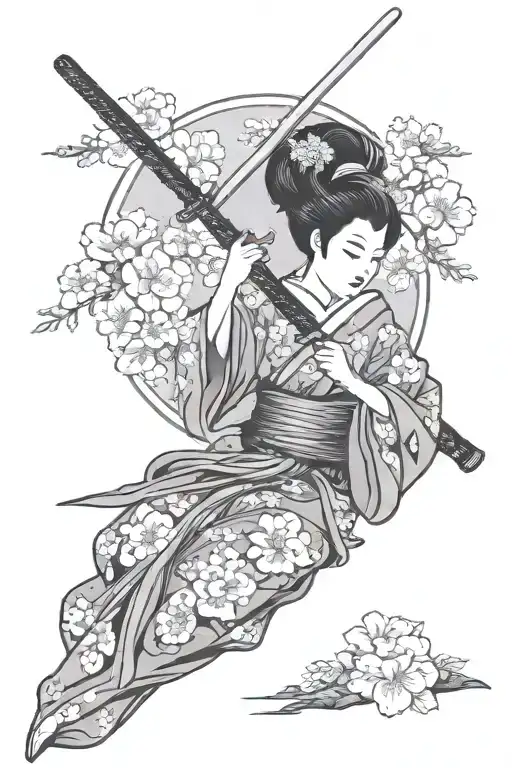 Geisha With A Sword On A Background Of Sakura
