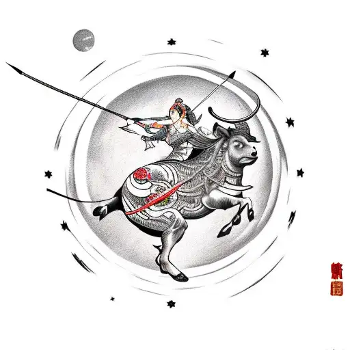 Female Archer Riding A Bull Under Full Moon
