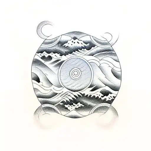 Yin And Yang With Mountain In One Side And Waves In The Other Side