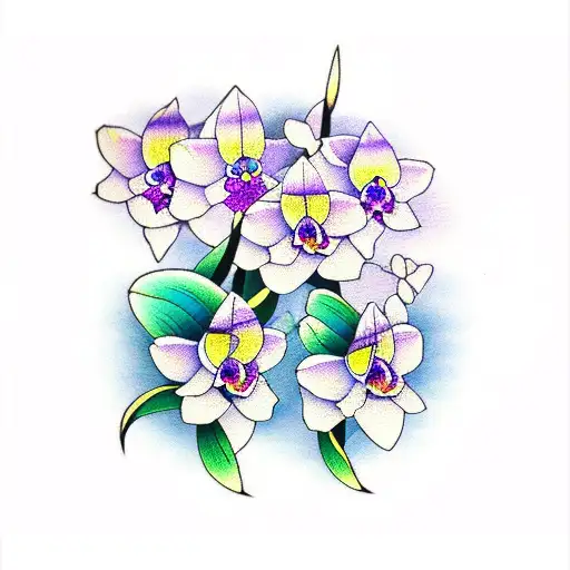 Purple Orchids And Blue Daisies Of Different Sizes