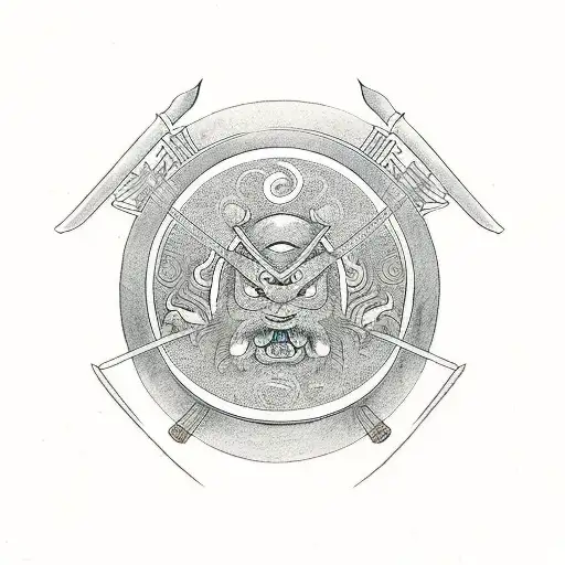 Samurai Segurando Uma Katana Com Uma Gueixa Segurando Simbolo Yin-yang