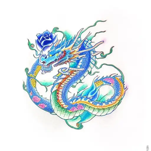 A Dragon Serpent Wrapped Around A Blooming Blue And Pink Rose With Flames