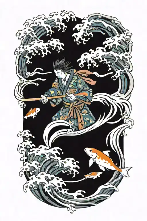 Samurai And Koi With Wave Crashing