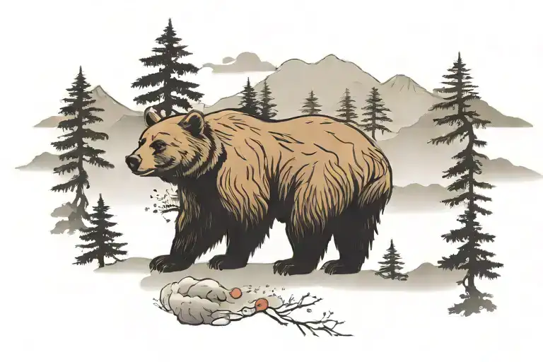 Bear Outline Fading To Trees And Mountains With Birds Flying