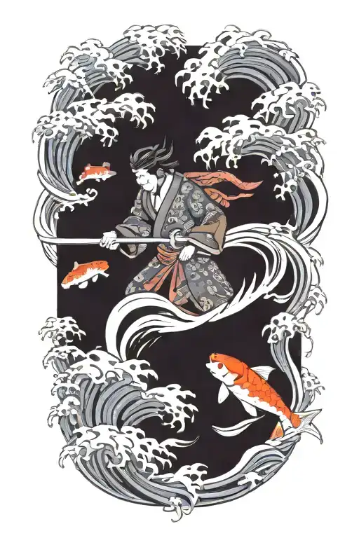 Samurai And Koi With Wave Crashing