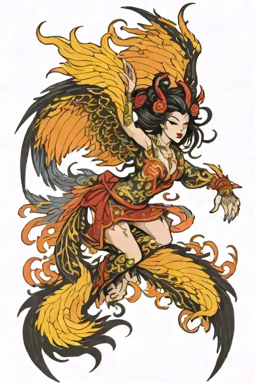 Japanese Succubus Rising Phoenix Wings Spread