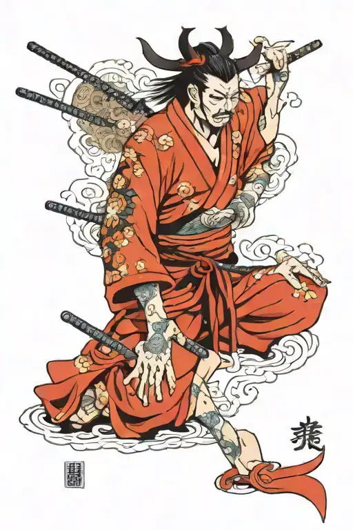 Samurai With Oni Mask Meditating On His Knees