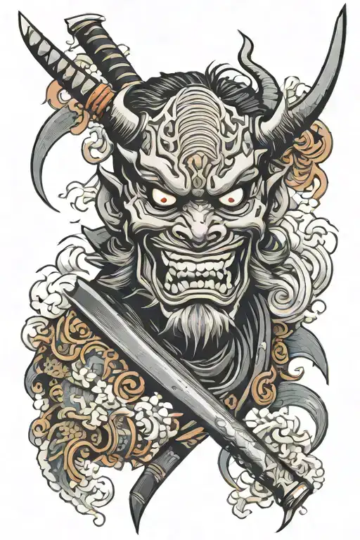 Japanese Oni Mask Split In Half With Katana