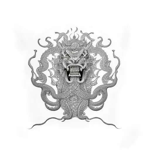 Hindu Lion Mouth Open Eating A Snake