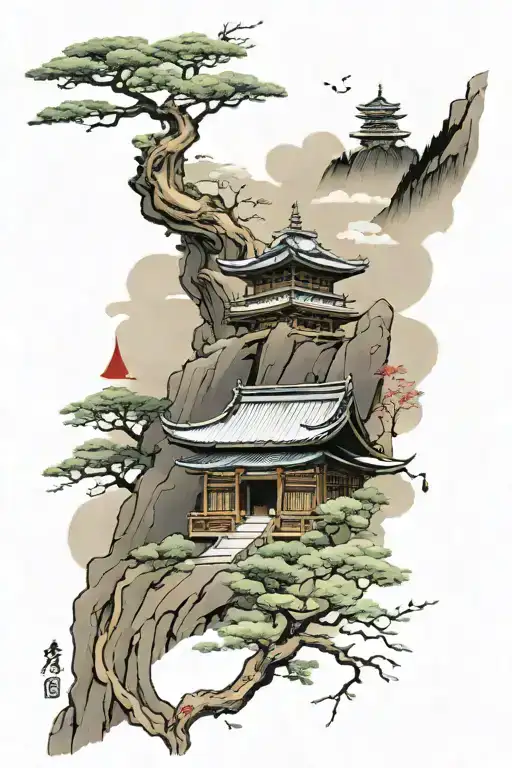 Pagoda Mountain Ranges In Background