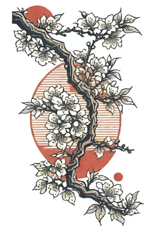 Cherry Blossom Branch Against The Background Of The Red Japanese Sun