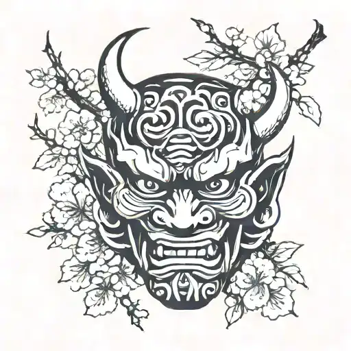 Oni Japanese Mask And Cherry Blossom On Pink Background