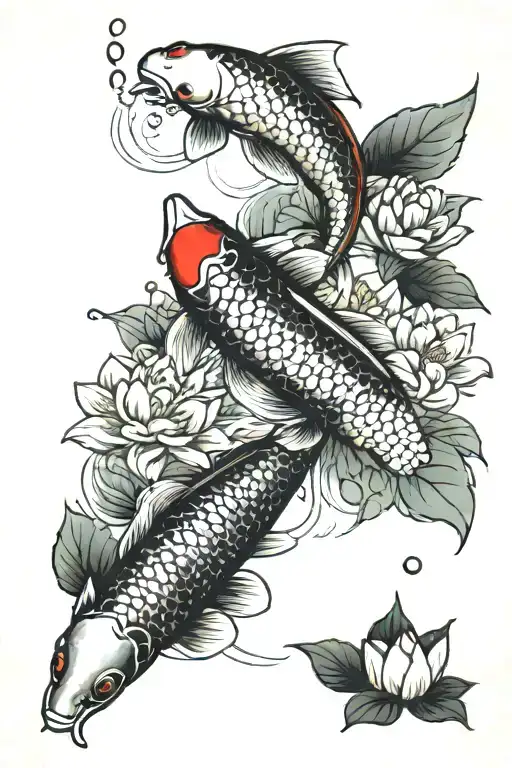 Koi Fish And Lotus Flower And Cherry Trees