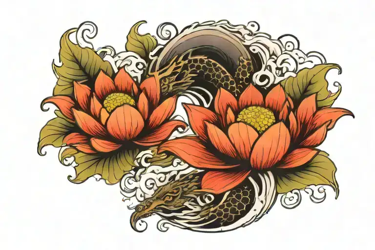 Wave With Dragon And Lotus Flower Large Black Leaves