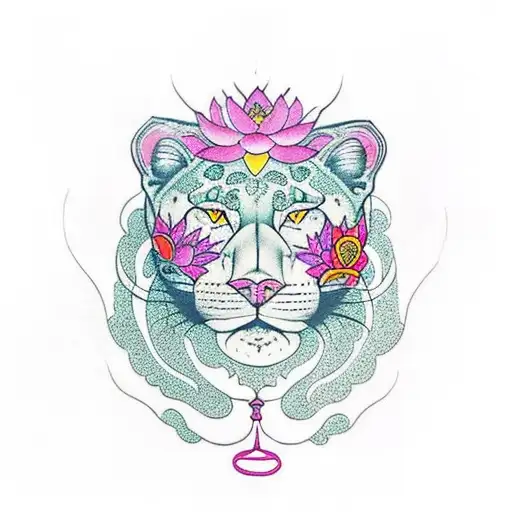 Panther With Lotus Flowers