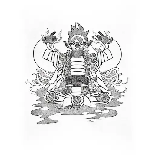 A Tattoo Combining Elements Of Naruto And Kimetsu No Yaiba In A Blackwork Style