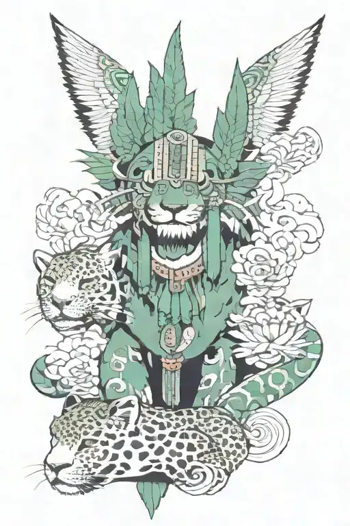 Jaguar With Aztec Plume And Jade Necklace