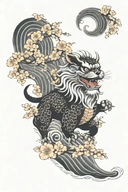 Irezumi Foo Dog With Waves And Cherry Blossoms