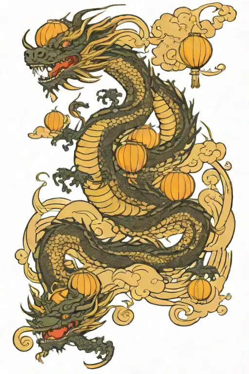 Dragon With Lanterns Flying In The Sky