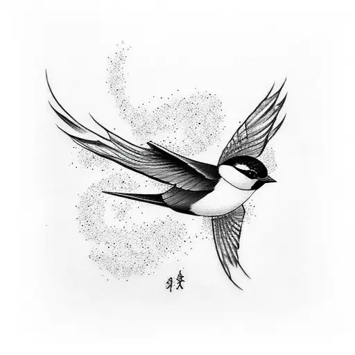 Small Two Black And White Swallow Birds Flying With Cherry Blossom Branch