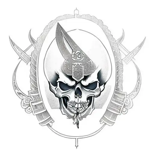 A Traditional-style Tattoo Of A Sword And Shield Crossed With A Skull In The Center
