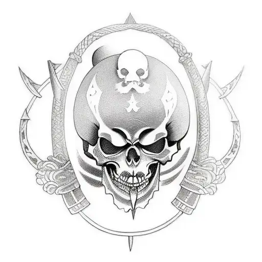A Traditional-style Tattoo Of A Sword And Shield Crossed With A Skull In The Center