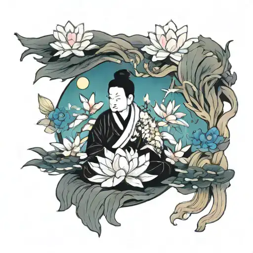 Chinese Budist Statue Surrounded By Koi Fish With Lotus Flowers