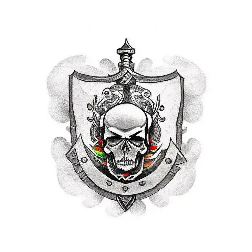 A Traditional-style Tattoo Of A Sword And Shield Crossed With A Skull In The Center