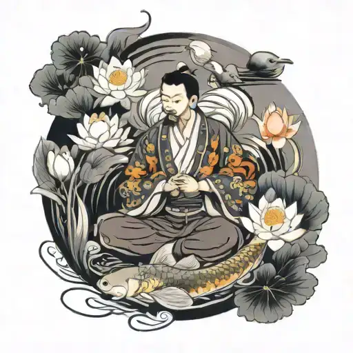 Chinese Budist Surrounded By Koi Fish With Lotus Flowers